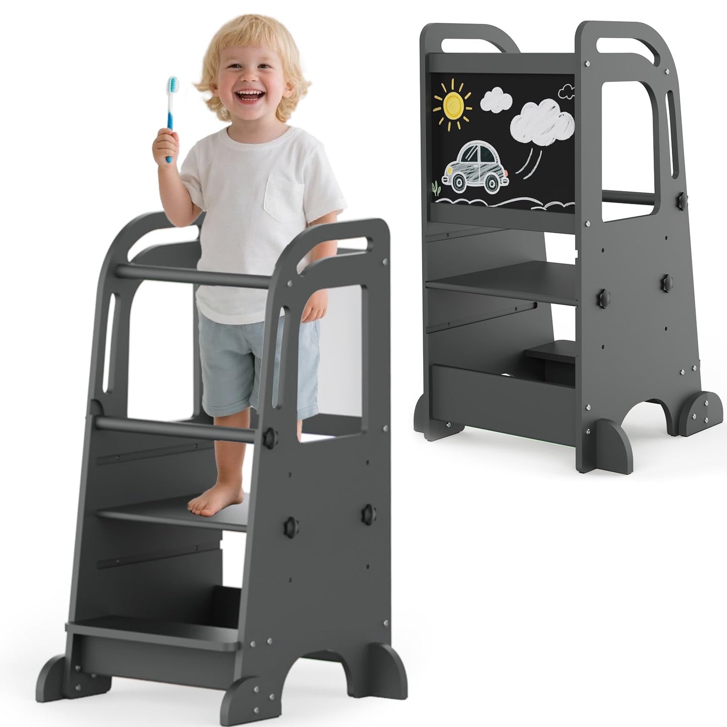 G TALECO GEAR Wooden Toddler Tower Adjustable Height Step Stool, Kitchen Kids Step Stool Helper with 3 Fun Learning Activities (Bead,Maze,Clock),Gray