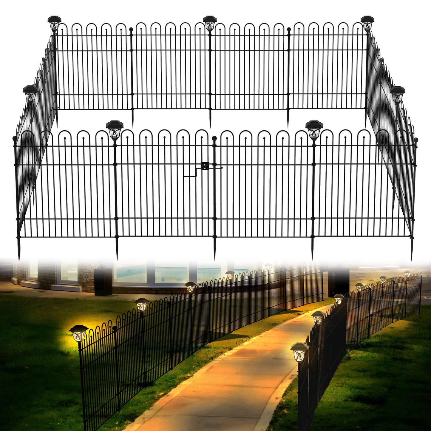 Yacona 10 Panels Garden Fence Animal Barrier, 32 in (H) x23.6ft (L) Outdoor Dog Fence with Lights, No Dig Fencing for Yard