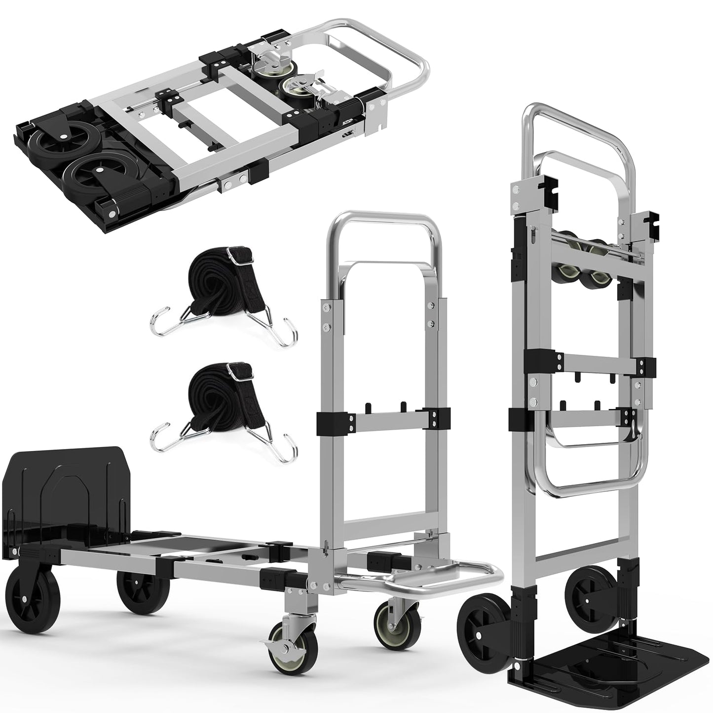 3-in-1 Heavy Duty Folding Dolly, Convertible Hand Truck Portable Steel with Telescopic Handle & Dolly Cart with Rubber Wheels, 580LB Capacity,Black