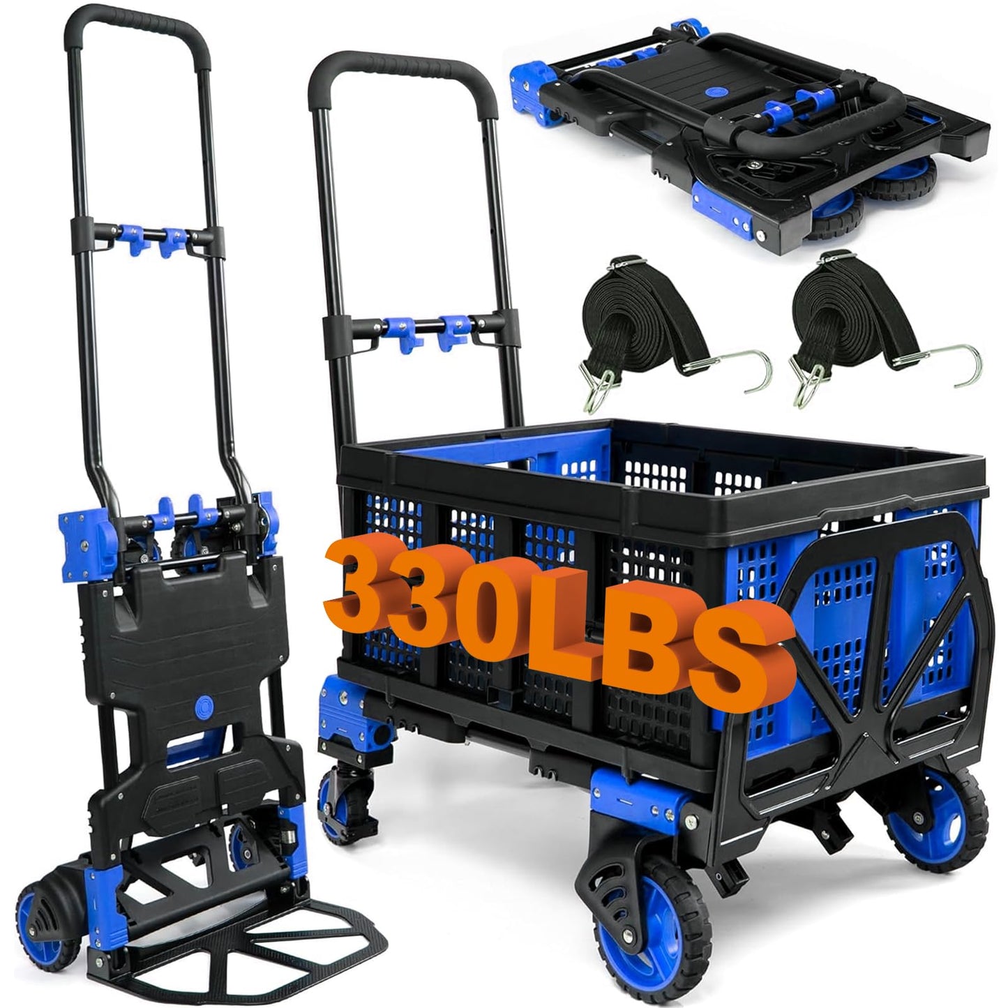 2-in-1Hand Truck Dolly with Folding Basket, Dolly Cart with 4 Wheels, Wagons Carts Foldable with Retractable Handle, Foldable wagon for Moving, 330LBS Capacity, Blue