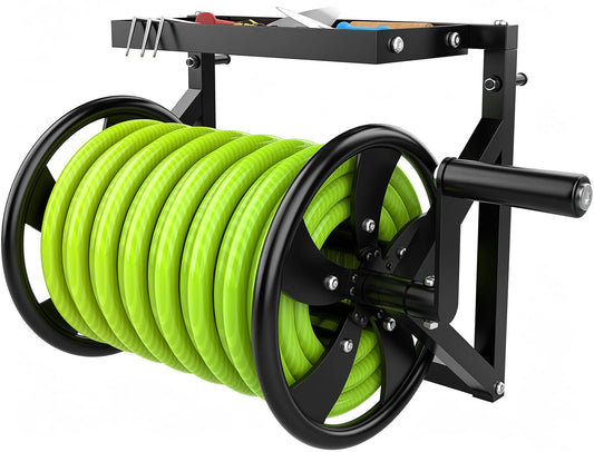 Yacona Garden Hose Reel Wall Mount, Metal Water Hose Reel for Outside, Fits 130-Feet of 5/8-Inch Hose, Black