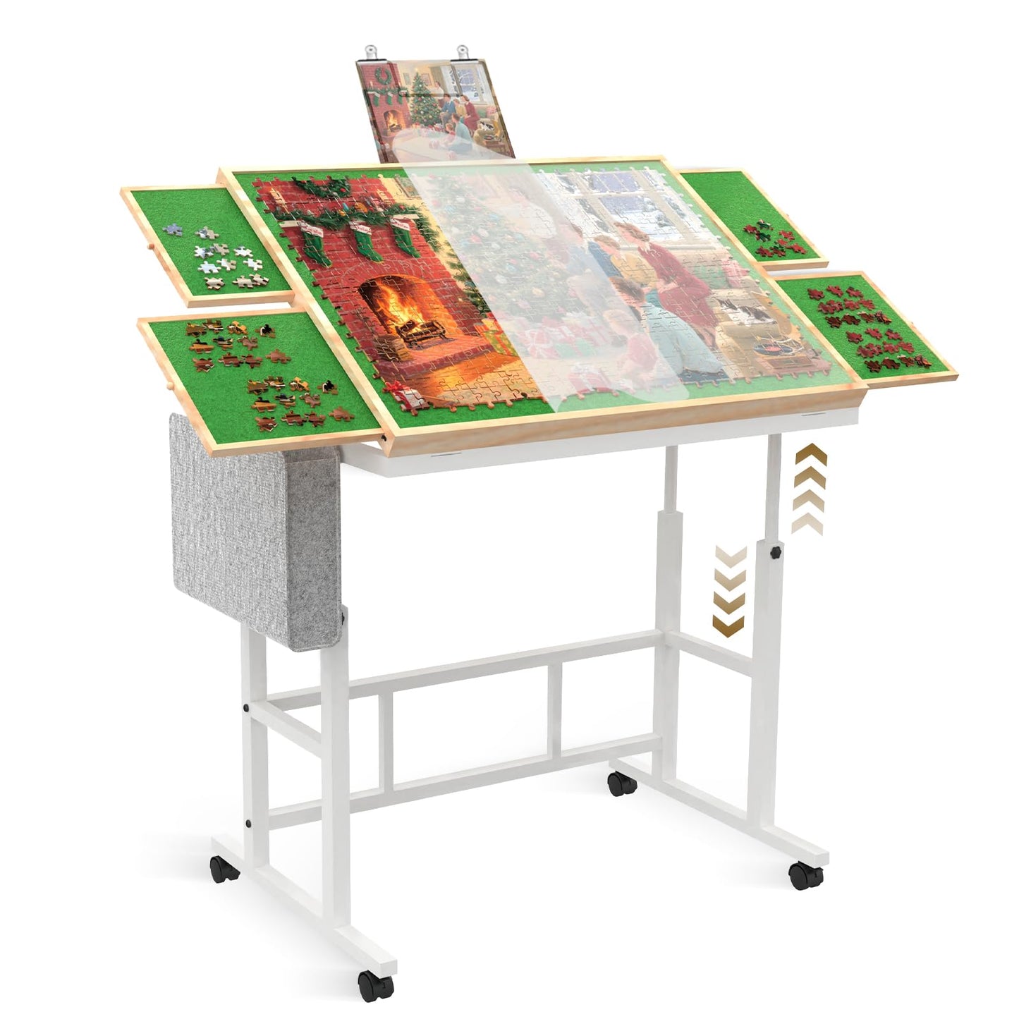Jigsaw Puzzle Table for Adults with Drawers and Storage Pocket,5 Adjustable Up Level Mesa Gamer Tables for Adults with Legs and Wheels,White