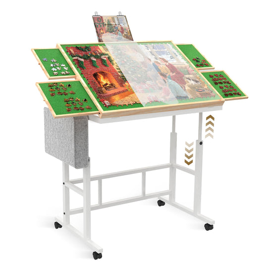 Jigsaw Puzzle Table for Adults with Drawers and Storage Pocket,5 Adjustable Up Level Mesa Gamer Tables for Adults with Legs and Wheels,White