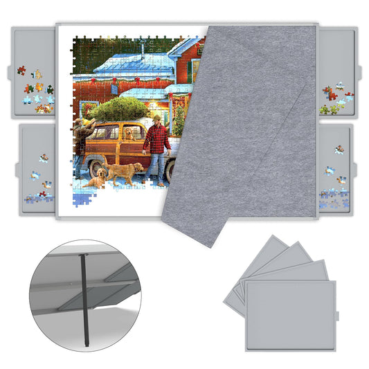 Puzzle Board 1500 Pieces with 4 Drawers, Cover, 2 in 1 Puzzle Table with Adjustable Tilting Stand, Portable Jigsaw Wood Table with Felt Top