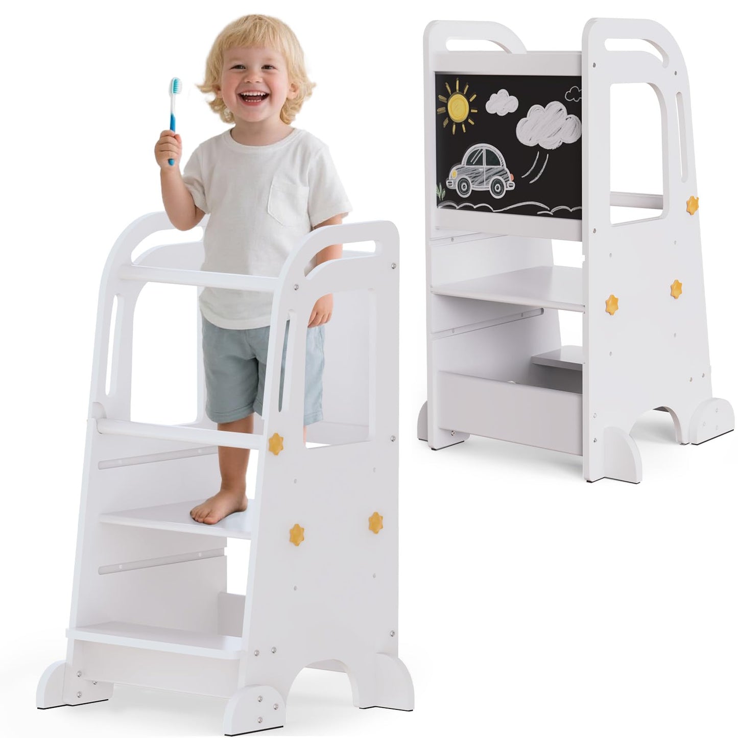 G TALECO GEAR Wooden Toddler Tower Adjustable Height Step Stool, Kitchen Kids Step Stool Helper with 3 Fun Learning Activities (Bead,Maze,Clock),White