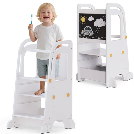 G TALECO GEAR Wooden Toddler Tower Adjustable Height Step Stool, Kitchen Kids Step Stool Helper with 3 Fun Learning Activities (Bead,Maze,Clock),White