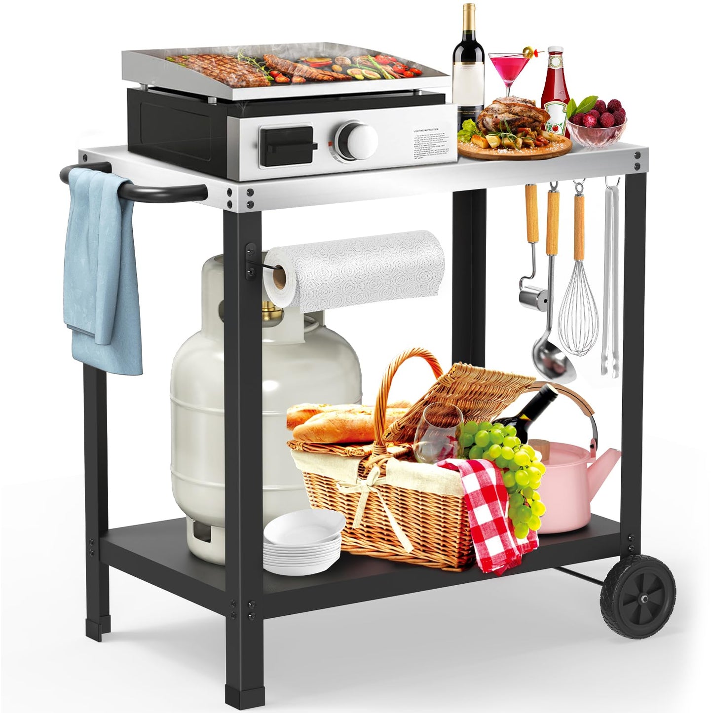 Outdoor Grill Cart with Wheels, Rolling Dining Table for Griddle Stand, BBQ Kitchen Food Prep Table for Party, Stainless Steel Model
