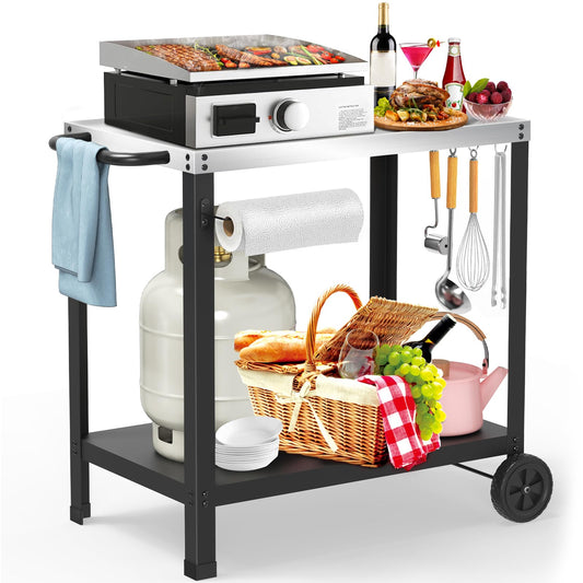 Outdoor Grill Cart with Wheels, Rolling Dining Table for Griddle Stand, BBQ Kitchen Food Prep Table for Party, Stainless Steel Model