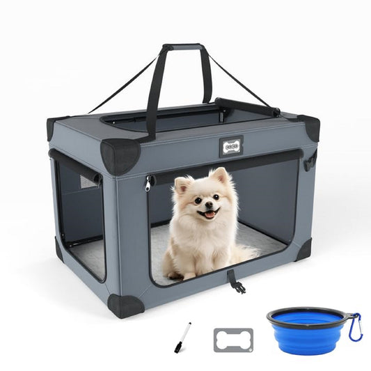 Yacona 24in Collapsible Dog Crate, Portable Soft Travel Dog Crate with Bowl, Foldable Pet Kennel Carrier, with Signature Card and Pen, Gray