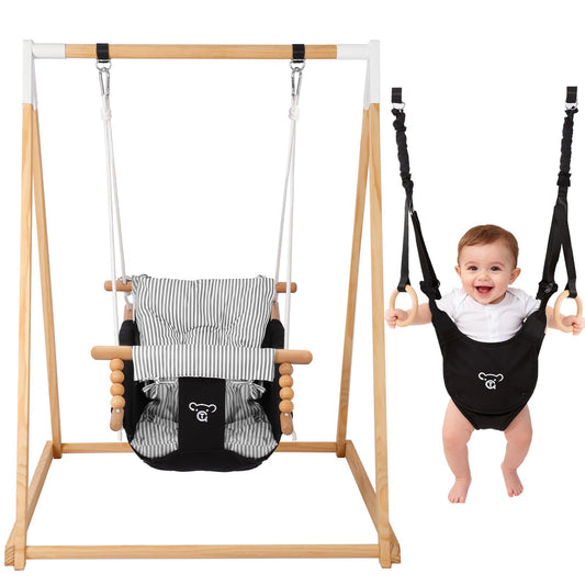 2-in-1 Baby Bouncer Jumper & Toddler Swing, Foldable Wooden Swing Set with Stand, Outdoor/Indoor Baby Swing with 5-point Harness Safety and Soft Cushion