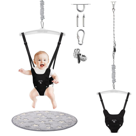 Baby Jumper Doorway with Hook for Infant & Toddlers, Adjustable Strap for Baby Bouncers Indoor/Outdoor with Soft Rug, 6+ Months, Black