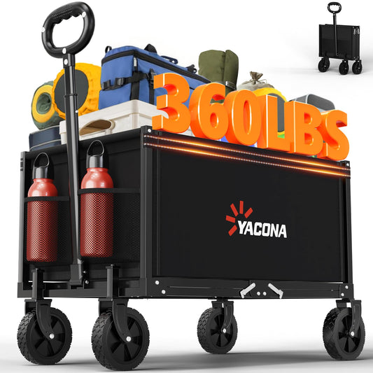 Yacona 3 in 1 Wagons Carts Foldable, Heavy Duty Collapsible Wagon with Wheels, Utility Cart for Beach Camping Grocery Shopping, 450lbs, Black