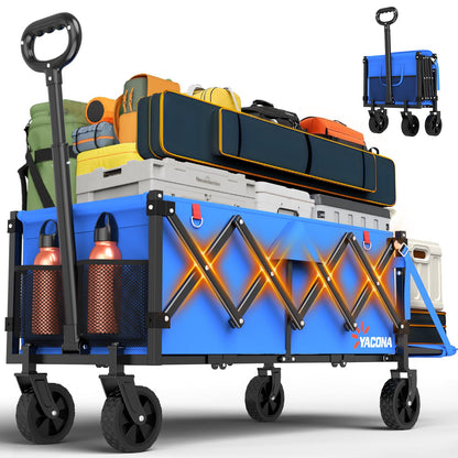Yacona 50'' Extra Long Wagons Carts Foldable, Collapsible Wagon with Extended Tailgate, 450lbs Heavy Duty Beach Cart, Blue