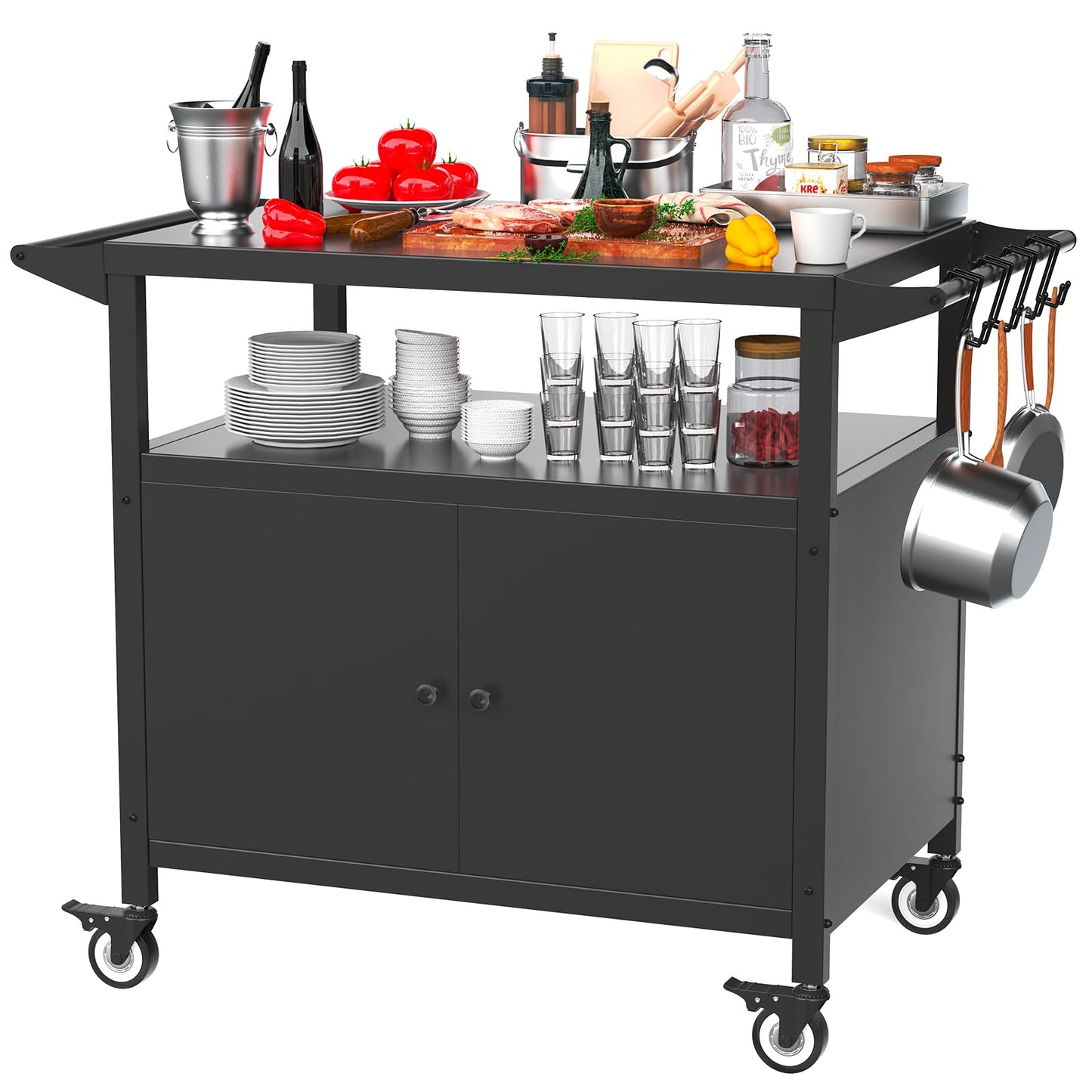 Outdoor Kitchen Table with Storage Cabinet, Grill Table for Kitchen Prep and BBQ, Kitchen Island Rolling Grill Cartwith 4 Utensil Hooks