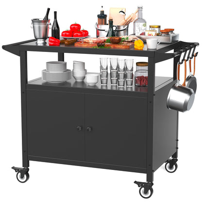 Outdoor Kitchen Table with Storage Cabinet, Grill Table for Kitchen Prep and BBQ, Kitchen Island Rolling Grill Cartwith 4 Utensil Hooks