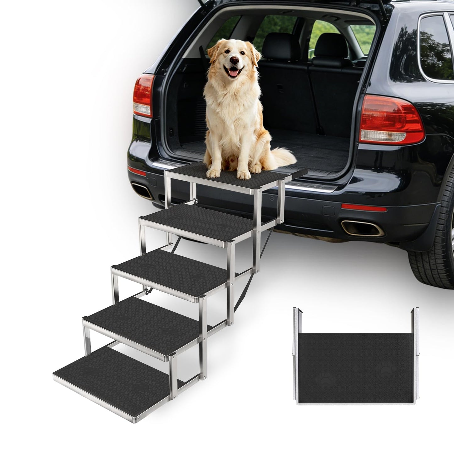 Yacona 5 Step Dog Stairs for Car, Foldable Plastic Dog Steps for Bed, with Non-Slip Surface, Pet Ramp for Large Small Dogs, Sliver