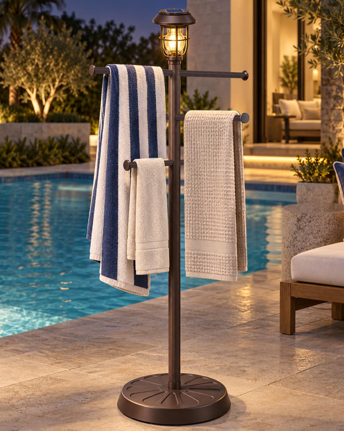 Yacona Pool Towel Rack Outdoor, Towel Holder Stand for Backyards with Solar Light, Bronze