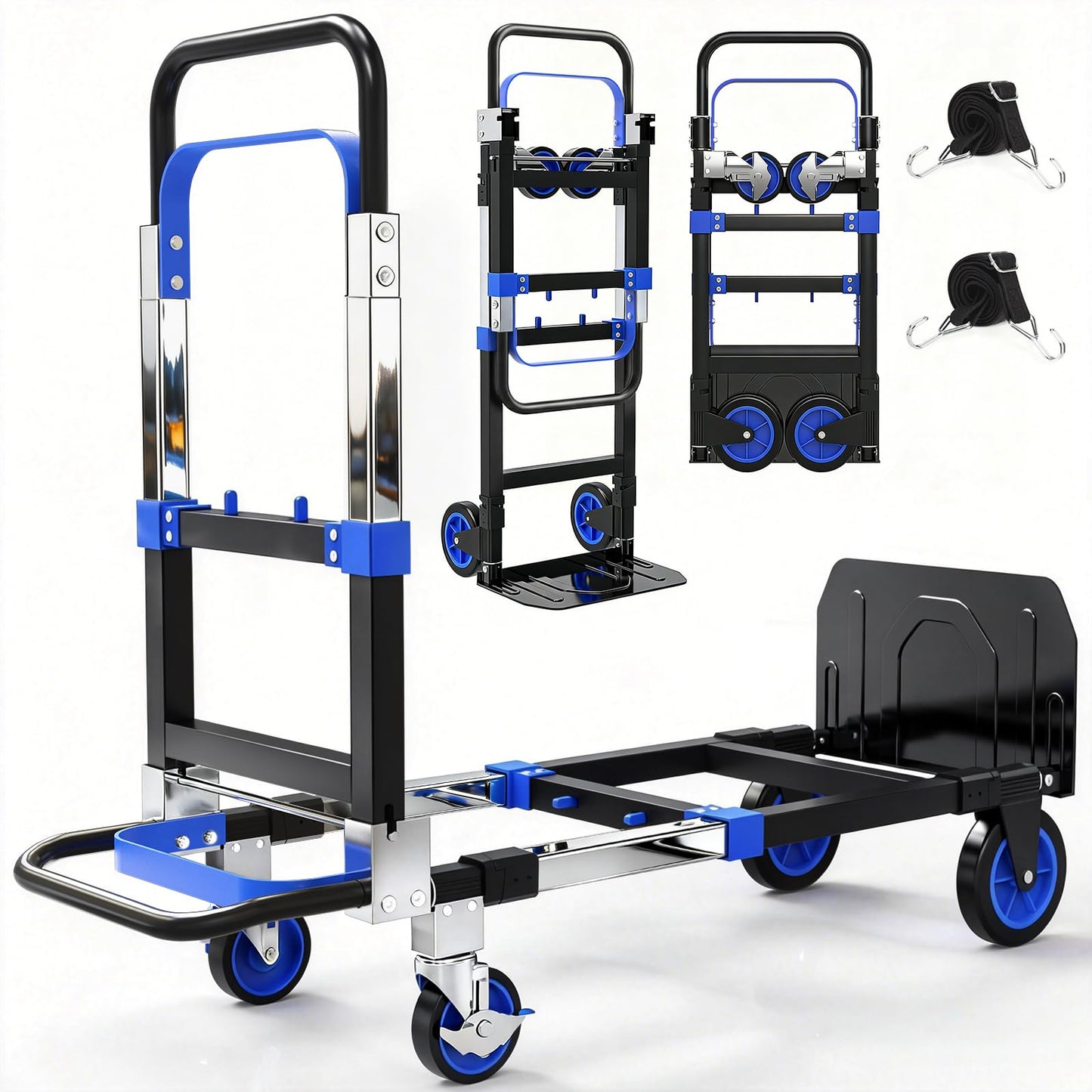 3-in-1 Folding Hand Truck with Rubber Wheels, Chrome PlatedDolly Cart with Telescopic Handle, Heavy Duty Convertible Dolly for Luggages, Cartons, Warehouse, Office, Blue
