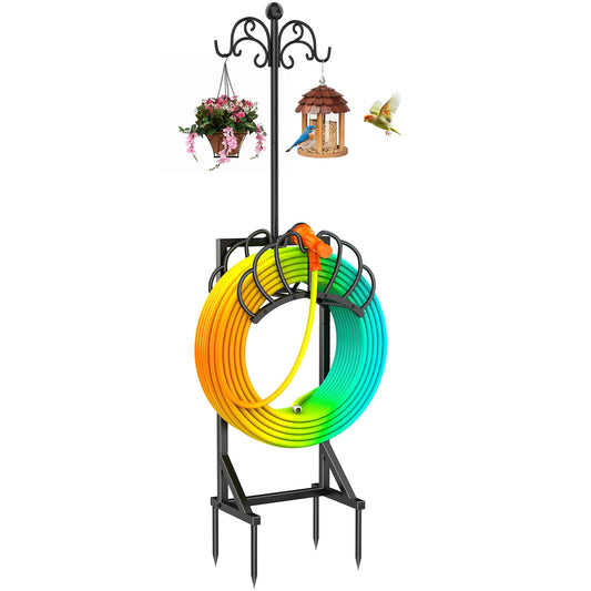 Yacona Garden Hose Holder for Outside, Garden Hose Reel with 2 Shepherds Hooks, Heavy Duty Freestanding Water Pipe Stand, Black