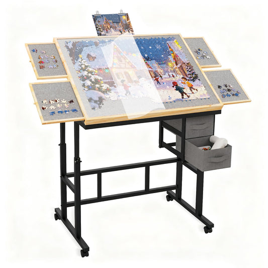 Jigsaw Puzzle Table 1500 Pieces with Drawer and Legs, Five Tilt Angle Adjustable, Portable Puzzle Table for Adults with Protective Cover, Natural&Gray