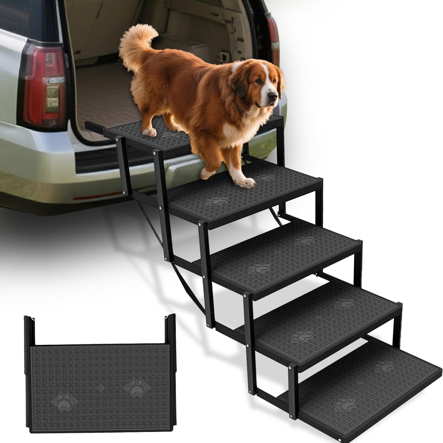 Yacona 5 Steps Dog Steps for Car, Foldable Dog Stairs for Truck, Dog Ramp for Stairs with Non-Slip Surface, Black