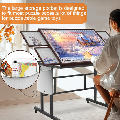 G TALECO GEAR Jigsaw Puzzle Table 1500 Pieces, Puzzle Board with Drawers and Wheels, Board Game Table with Legs, 35"x26", Coffee Color