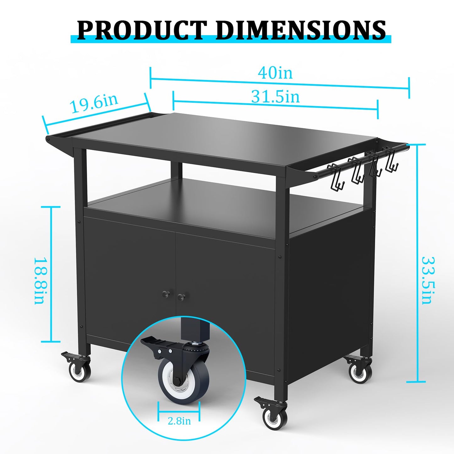 Outdoor Kitchen Table with Storage Cabinet, Grill Table for Kitchen Prep and BBQ, Kitchen Island Rolling Grill Cartwith 4 Utensil Hooks
