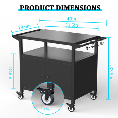 Outdoor Kitchen Table with Storage Cabinet, Grill Table for Kitchen Prep and BBQ, Kitchen Island Rolling Grill Cartwith 4 Utensil Hooks