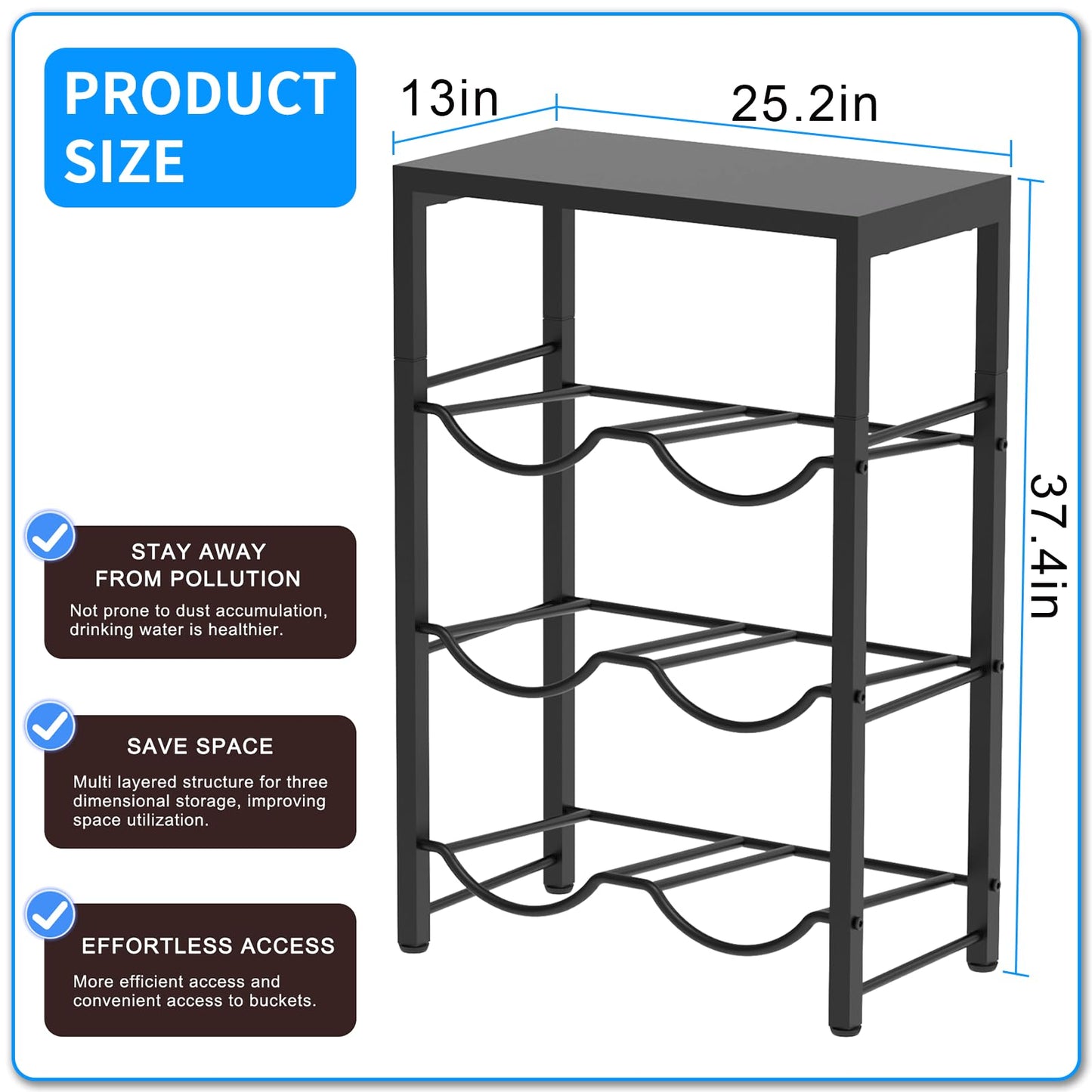 TOREVSIOR 5 Gallon Water Jug Holder, 3 Tier Water Bottle Organizer for 6 Bottles, Water Bottle Storage Rack for Home Kitchen, Office