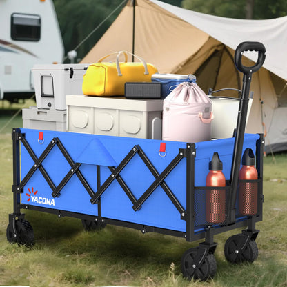 Yacona 50'' Extra Long Wagons Carts Foldable, Collapsible Wagon with Extended Tailgate, 450lbs Heavy Duty Beach Cart, Blue