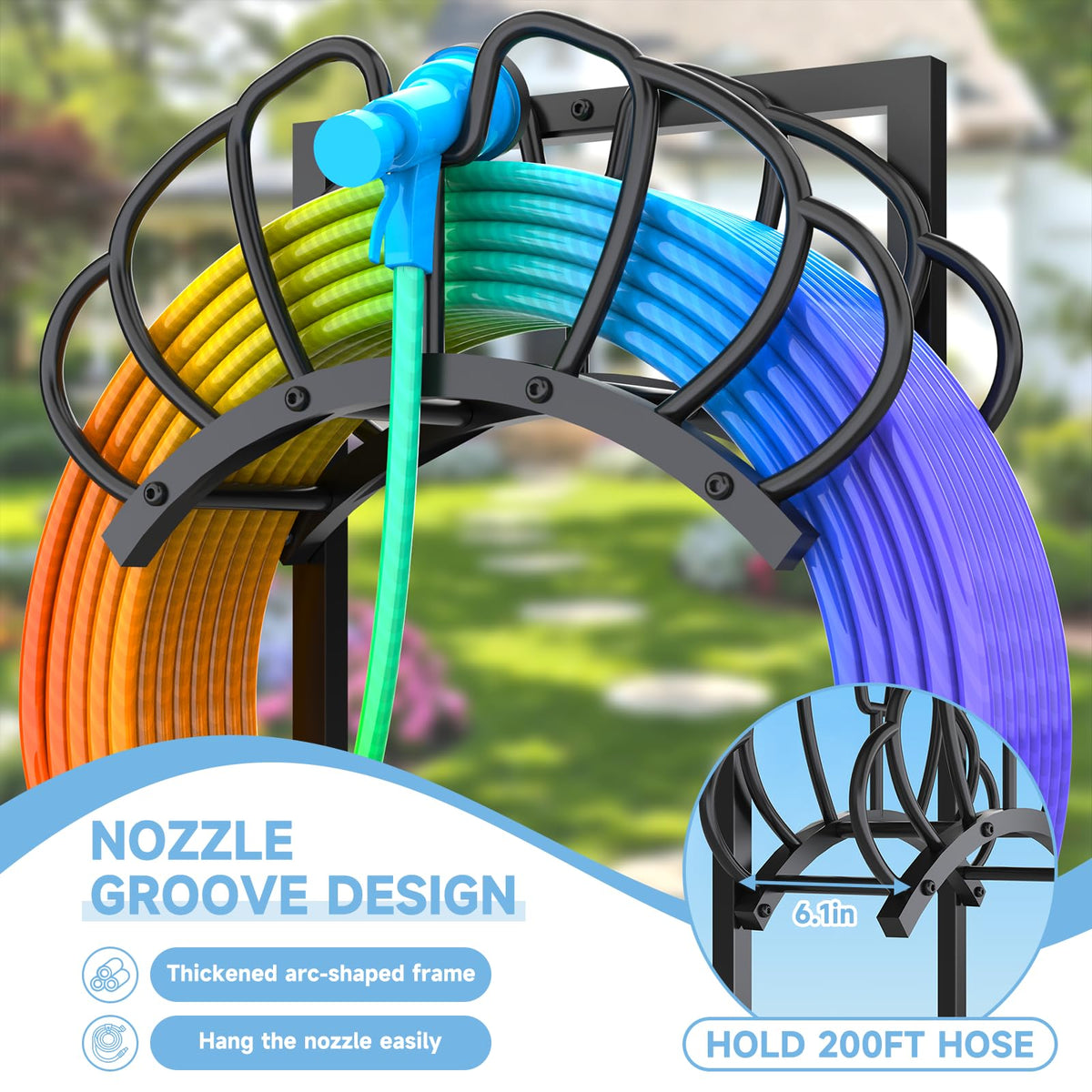 Yacona Garden Hose Holder, Freestanding Reels Hanger for Outside, Detachable Hose Storage Hanger for Outside Yard Lawn Farm, Black