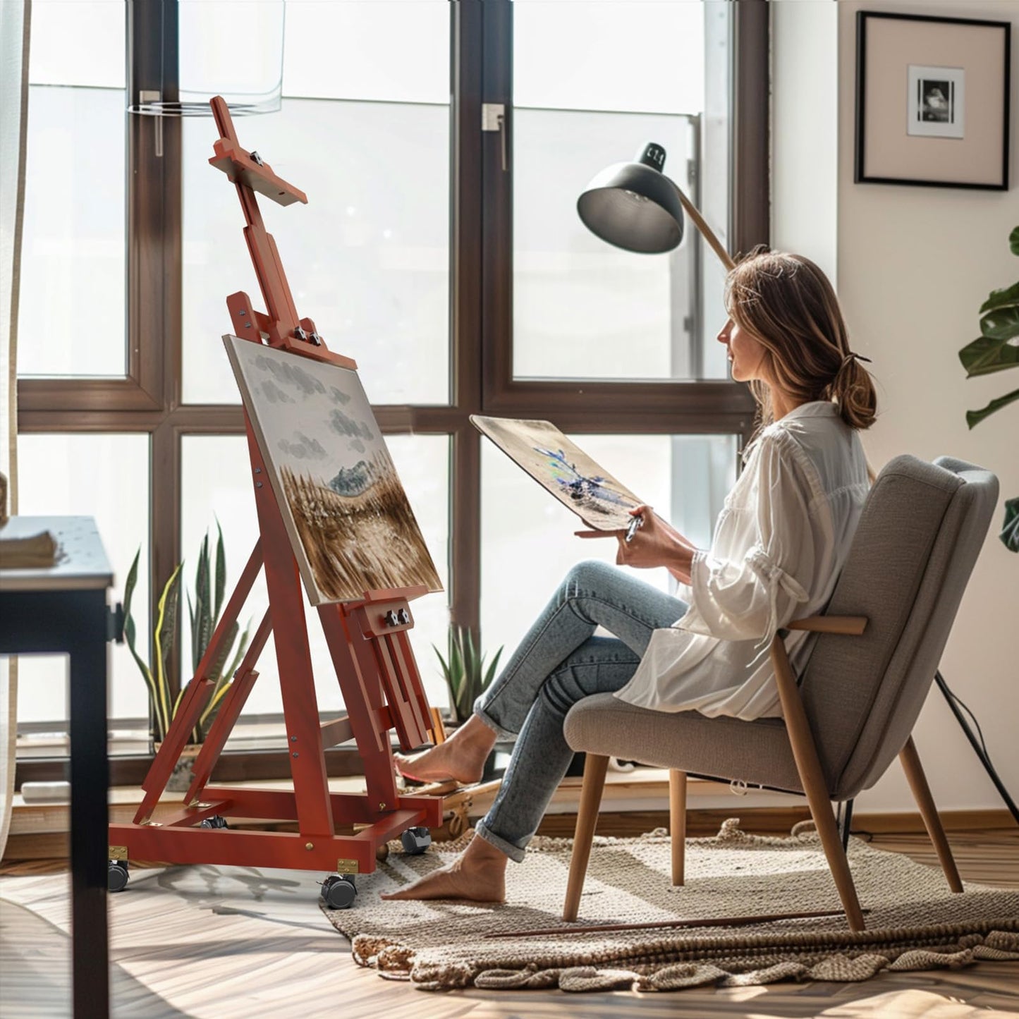 H-Frame Easel for Painting, Adjustable Art Easel Stand for Canvases(Up to 77 Inch) and Crafts, Foldable Wood Tabletop Easel Set for Adults, Reddish Brown