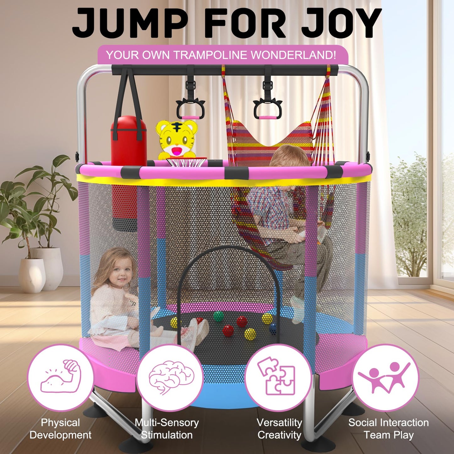 G TALECO GEAR 5 FT Indoor Trampoline for Kids 3-6, Outdoor Toddler Trampoline with Enclosure Net and Toys, 440lbs