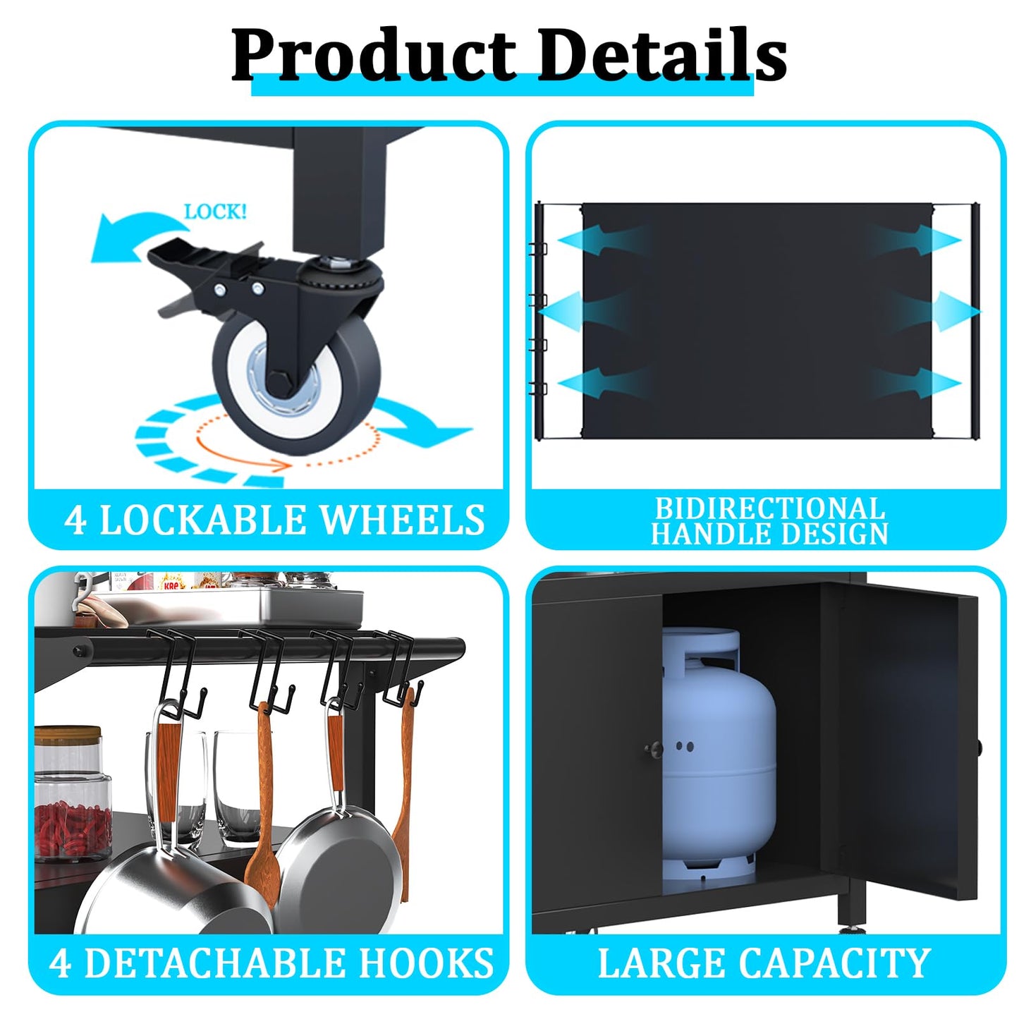 Outdoor Kitchen Table with Storage Cabinet, Grill Table for Kitchen Prep and BBQ, Kitchen Island Rolling Grill Cartwith 4 Utensil Hooks