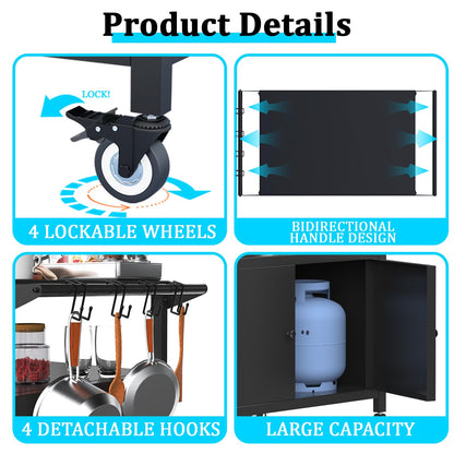 Outdoor Kitchen Table with Storage Cabinet, Grill Table for Kitchen Prep and BBQ, Kitchen Island Rolling Grill Cartwith 4 Utensil Hooks