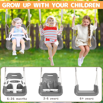 G TALECO GEAR 3-in-1 Toddler Swing Sets for Backyard, Comfy Baby Swing Outdoor Indoor, Kids Swing with Metal Stand, Gray