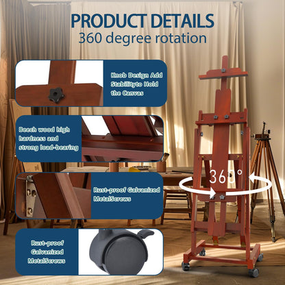 H-Frame Easel for Painting, Adjustable Art Easel Stand for Canvases(Up to 77 Inch) and Crafts, Foldable Wood Tabletop Easel Set for Adults, Reddish Brown