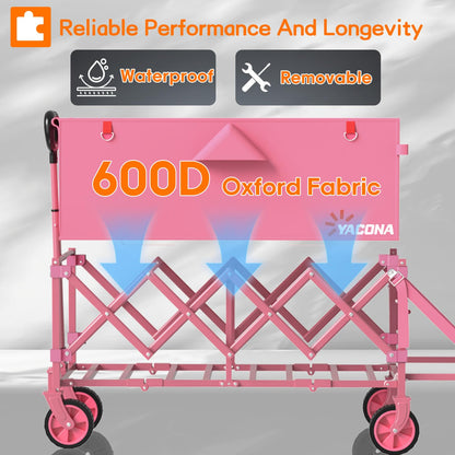 Yacona 50'' Extra Long Wagons Carts Foldable, Collapsible Wagon with Extended Tailgate, 450lbs Heavy Duty Beach Cart, Pink
