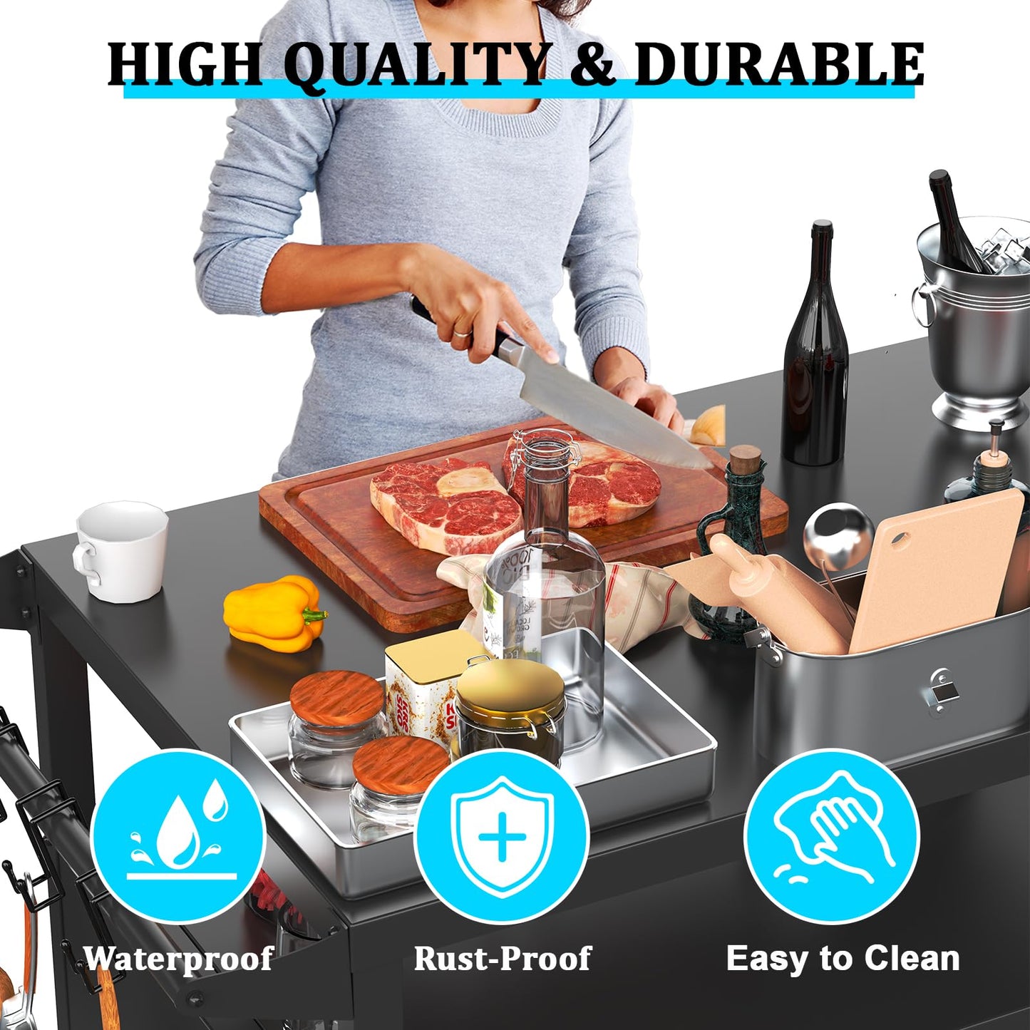 Outdoor Kitchen Table with Storage Cabinet, Grill Table for Kitchen Prep and BBQ, Kitchen Island Rolling Grill Cartwith 4 Utensil Hooks