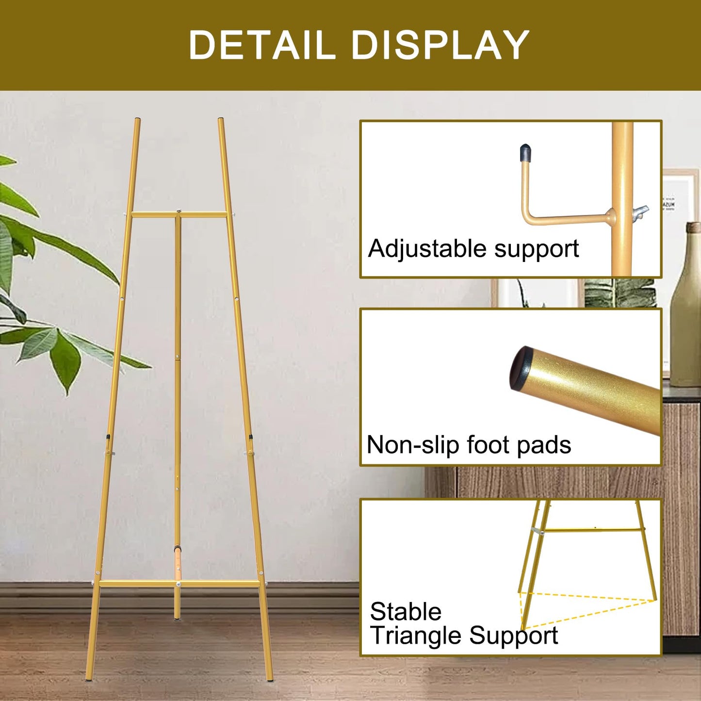 G TALECO GEAR Gold Easel Stand for Sign, Picture Display Stand, Art Easel for Painting, Wedding, Poster, Lightweight Metal, Adjustable 3-Tier, 53.6in