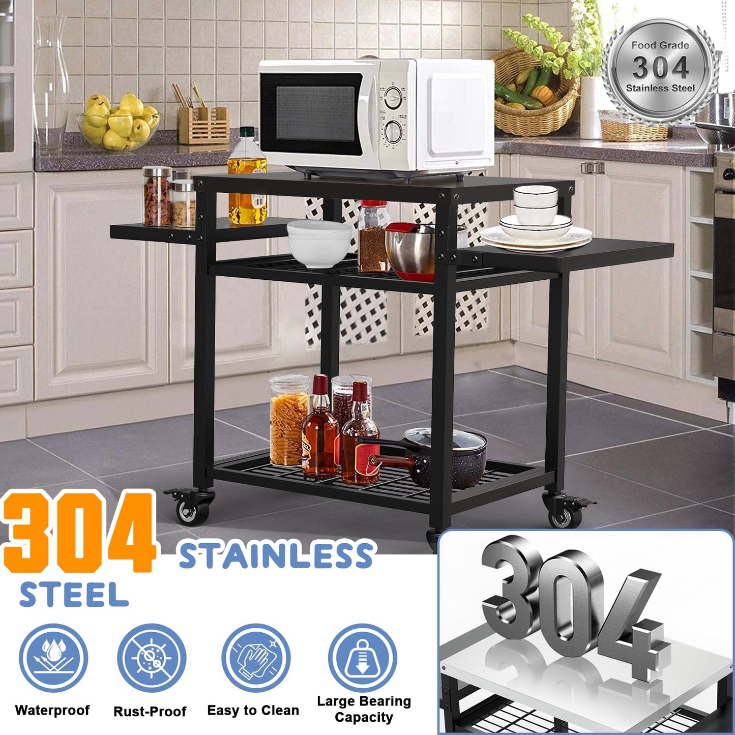 RAXSINYER Grill Table for Outside, Grill Cart with Three-Shelf, Outdoor Kitchen Island for BBQ Food Prep, Stainless Steel