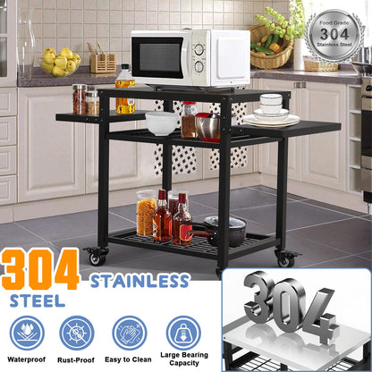 RAXSINYER Grill Table for Outside, Grill Cart with Three-Shelf, Outdoor Kitchen Island for BBQ Food Prep, Stainless Steel