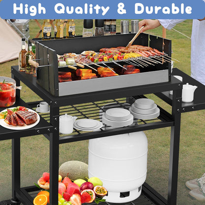 RAXSINYER Grill Table for Outside, Grill Cart with Three-Shelf, Outdoor Kitchen Island for BBQ Food Prep
