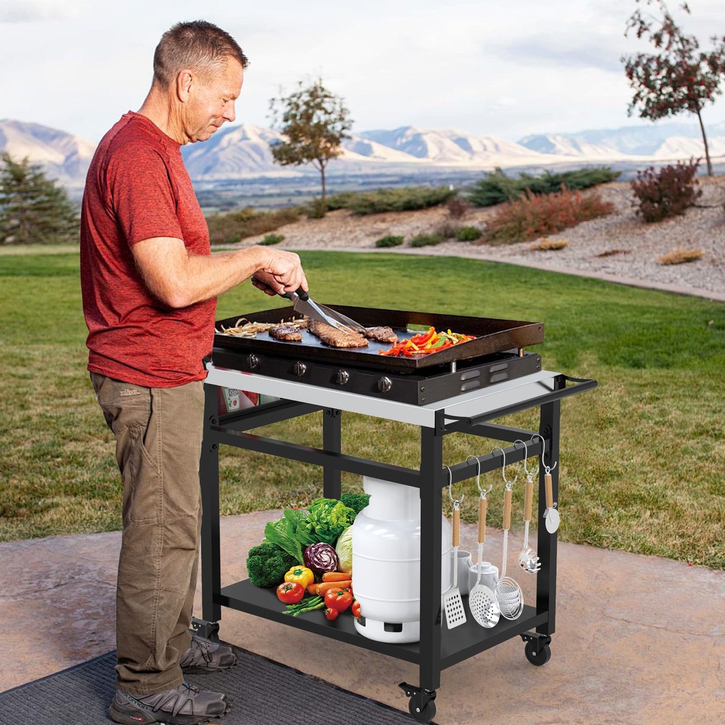 RAXSINYER Grill Table, Movable Grill Cart with Wheels, Outdoor Kitchen Food Prep Table, 32"x 20", Stainless Steel, Black