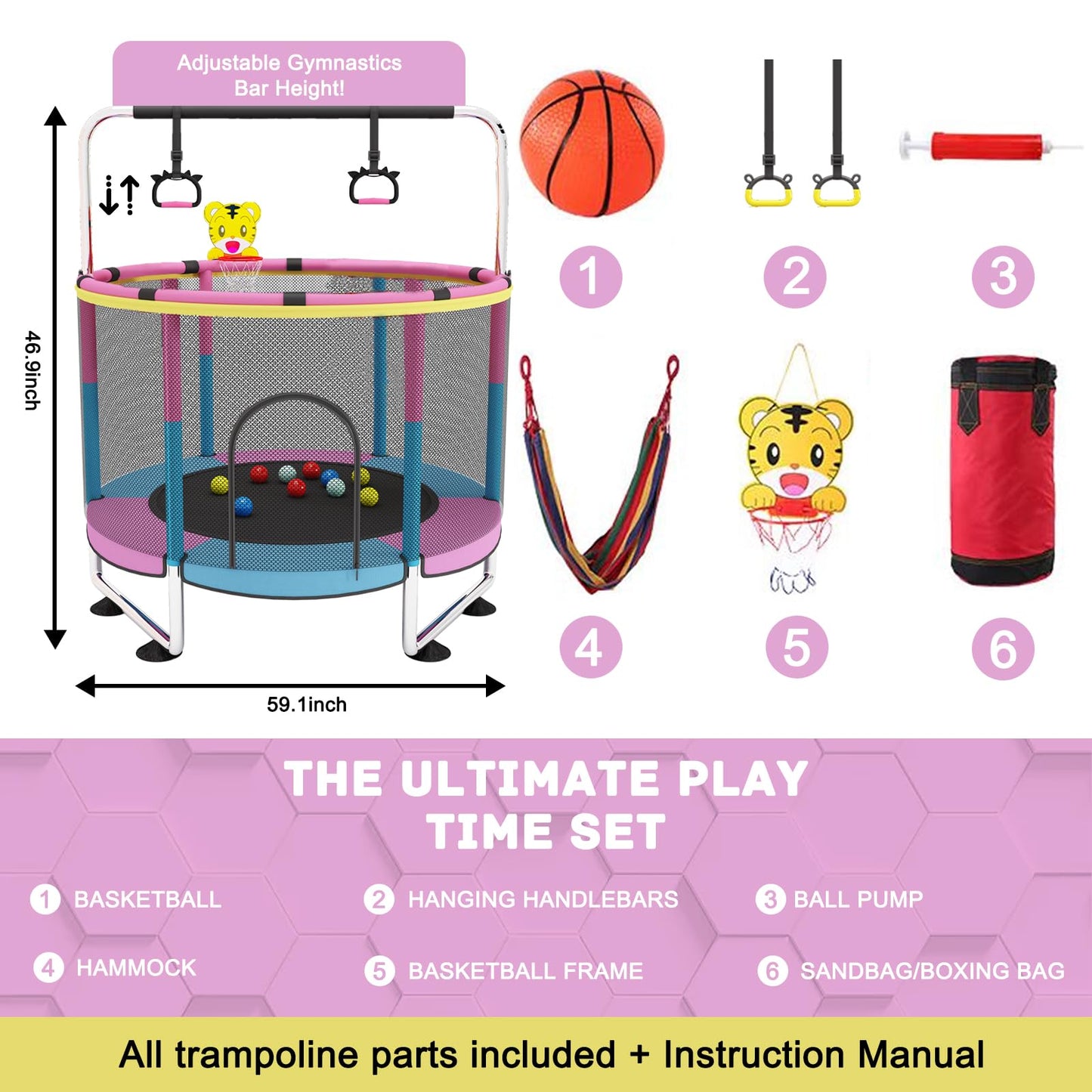 G TALECO GEAR 5 FT Indoor Trampoline for Kids 3-6, Outdoor Toddler Trampoline with Enclosure Net and Toys, 440lbs