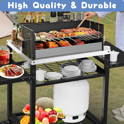 RAXSINYER Grill Table for Outside, Grill Cart with Three-Shelf, Outdoor Kitchen Island for BBQ Food Prep, Stainless Steel
