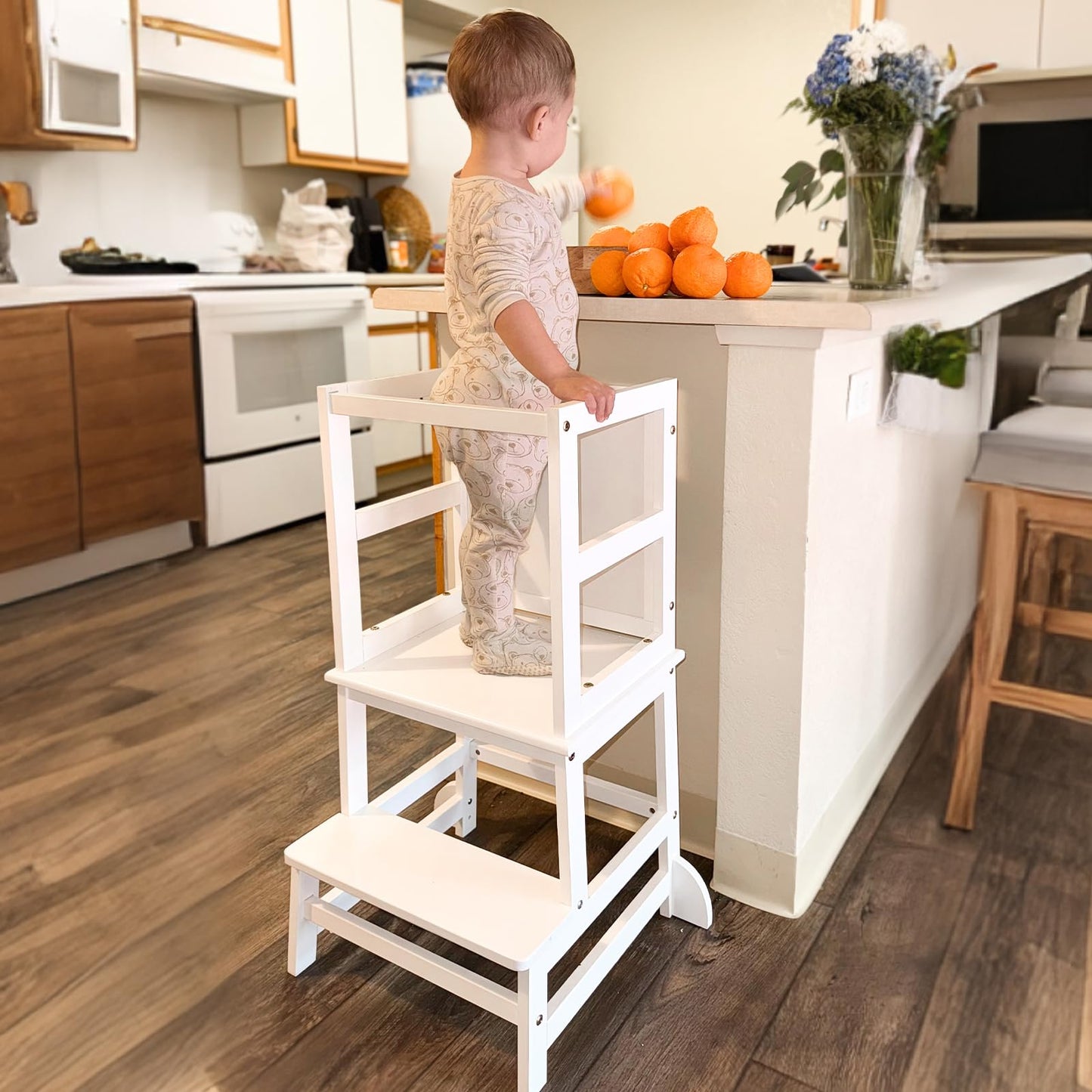 Toddler Kitchen Stool Helper, Step Stool for Kids with Chalkboard Safety Rail for Toddlers 18 Months and Older,White,Natural