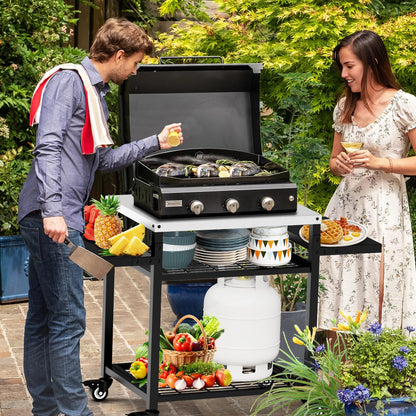 RAXSINYER Grill Table for Outside, Grill Cart with Three-Shelf, Outdoor Kitchen Island for BBQ Food Prep, Stainless Steel