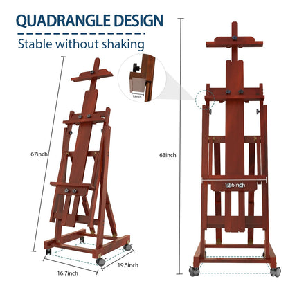H-Frame Easel for Painting, Adjustable Art Easel Stand for Canvases(Up to 77 Inch) and Crafts, Foldable Wood Tabletop Easel Set for Adults, Reddish Brown