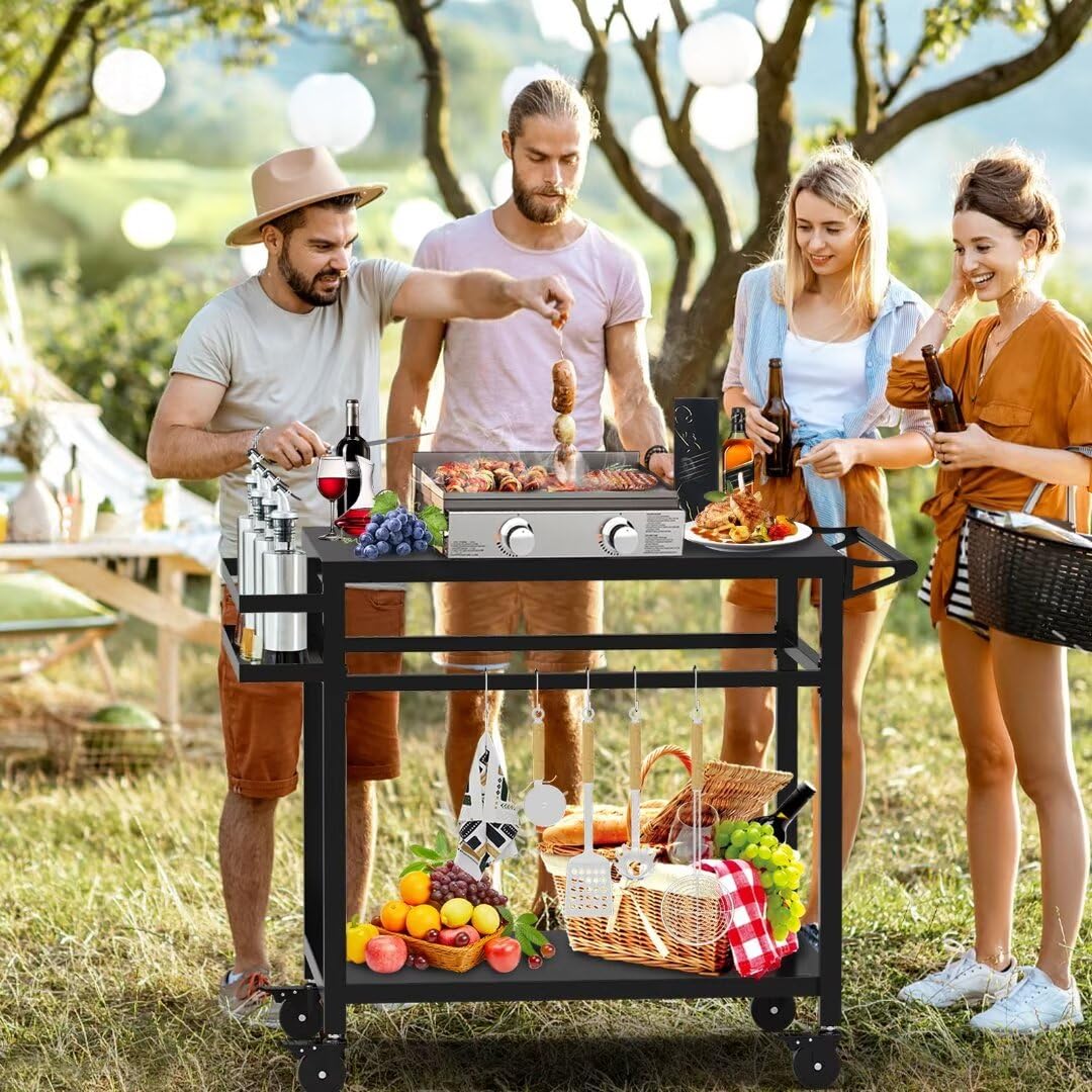 RAXSINYER Grill Table, Movable Grill Cart with Wheels, Outdoor Kitchen Food Prep Table, 32"x 20", Black